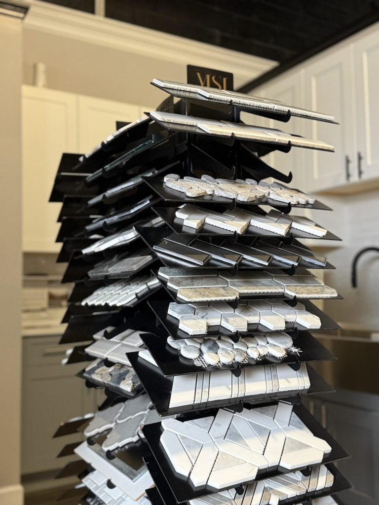 Stone and tile sample rack at the Old Town Alexandria showroom
