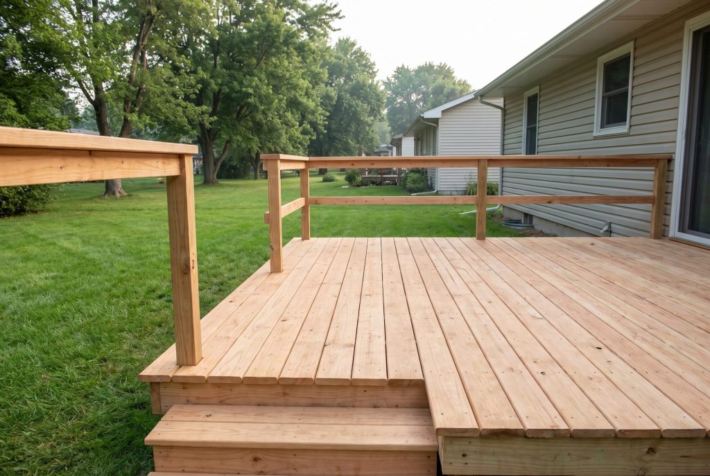 Finished wood deck in a backyard