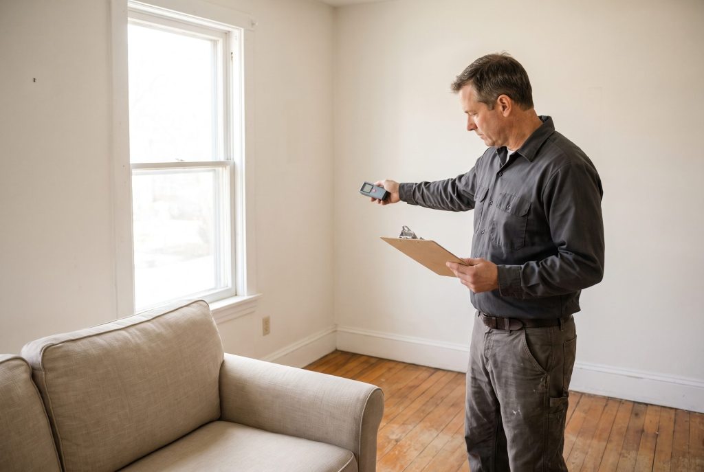 Illustration of a designer measuring a room at a free in-home visit