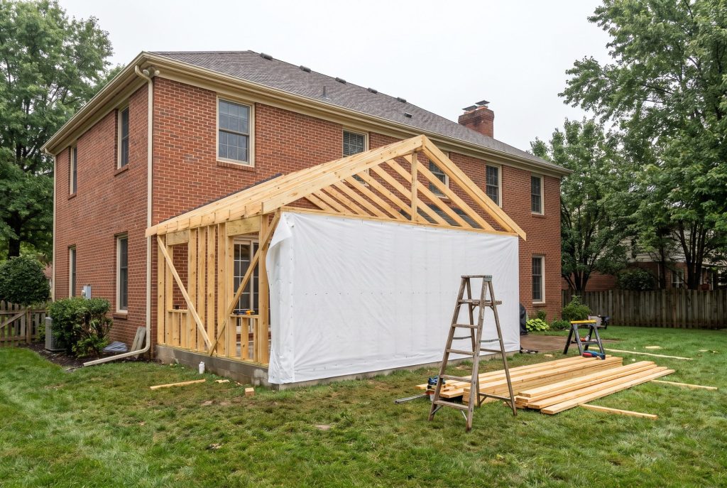 Illustration of an addition being framed onto a brick house