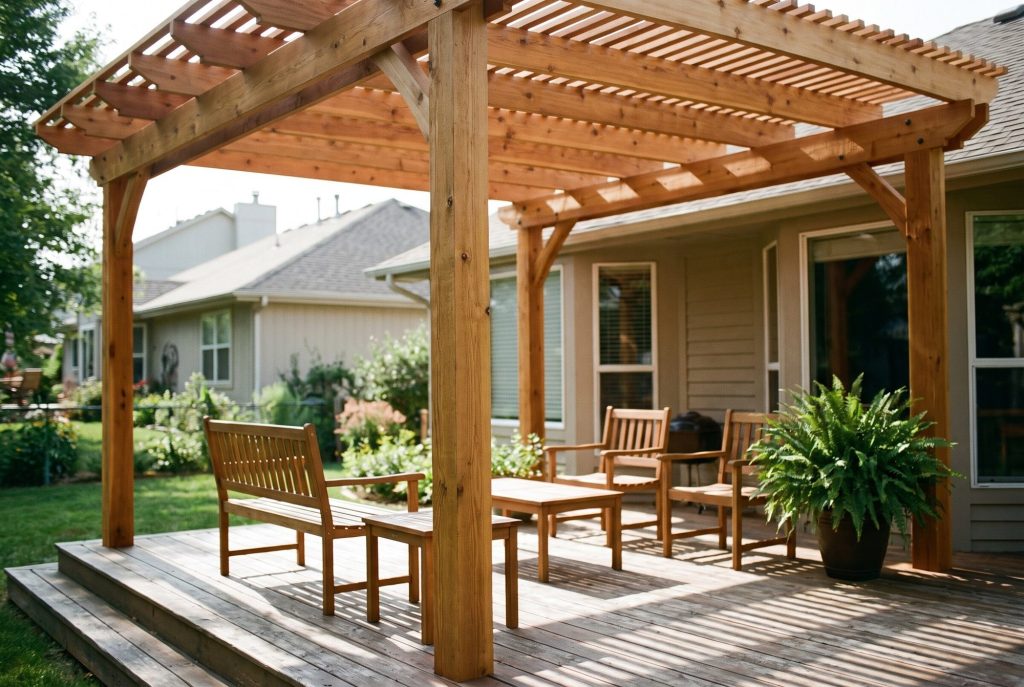 Cedar pergola with outdoor seating over a backyard deck