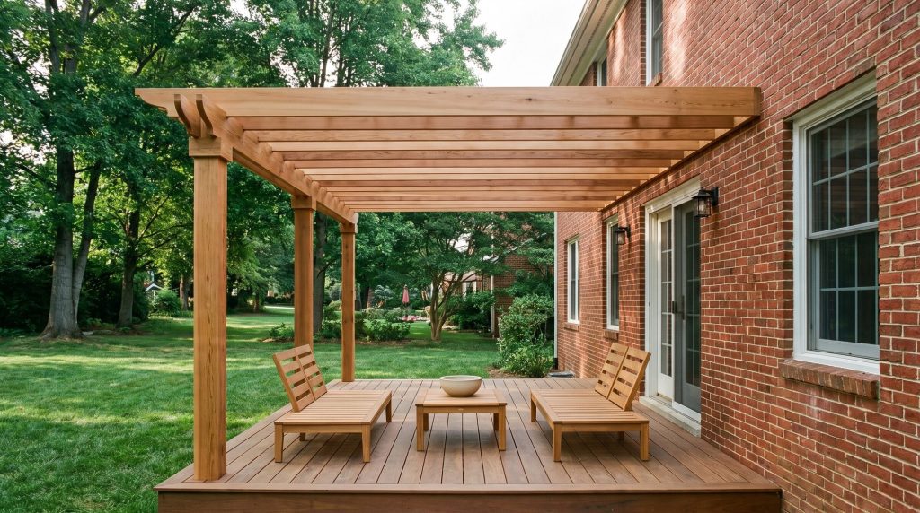 Cedar pergola over a backyard deck beside a brick house