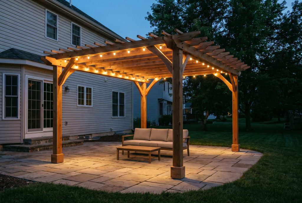 Pergola with string lights over a patio in the evening