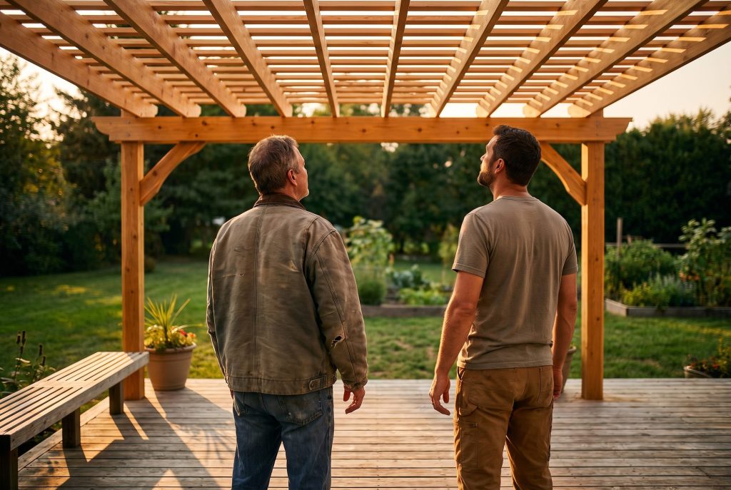 Walkthrough under a finished cedar pergola