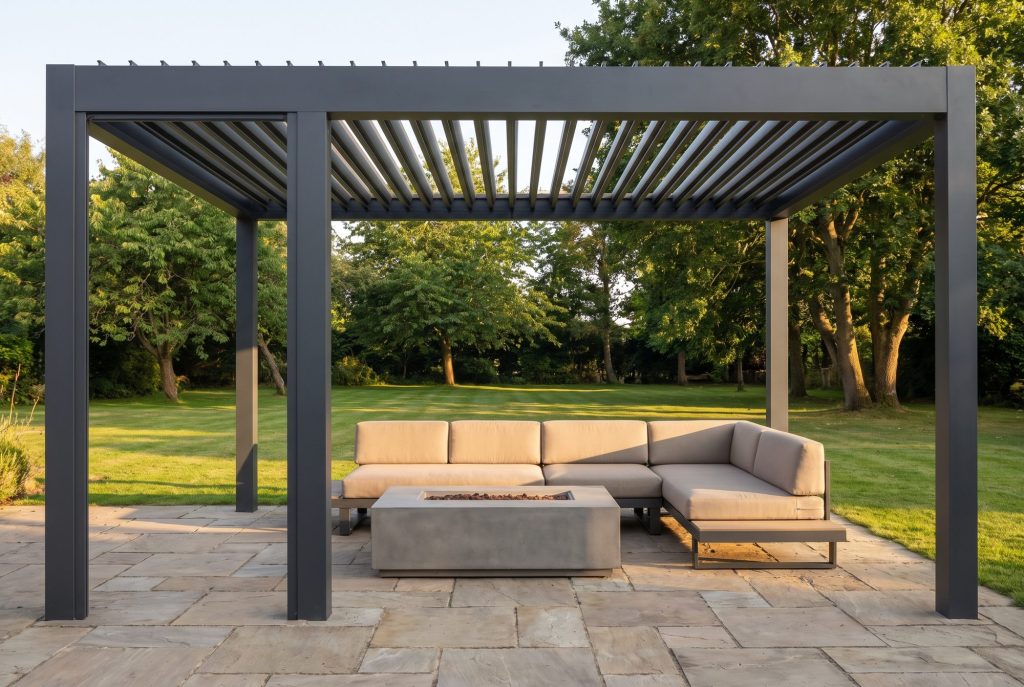 Aluminum pergola with a louvered roof over a patio