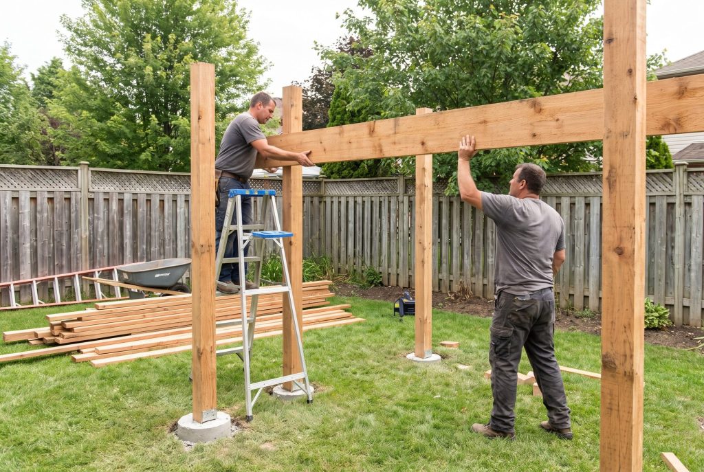 Crew installing pergola posts and beams