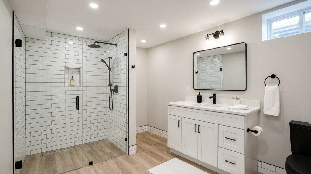 Basement bathroom with a glass shower and a white vanity