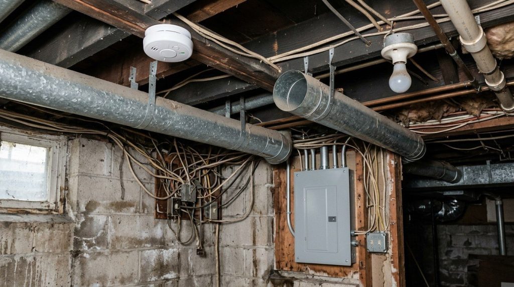 Old basement ceiling with ducts, wiring and an electrical panel