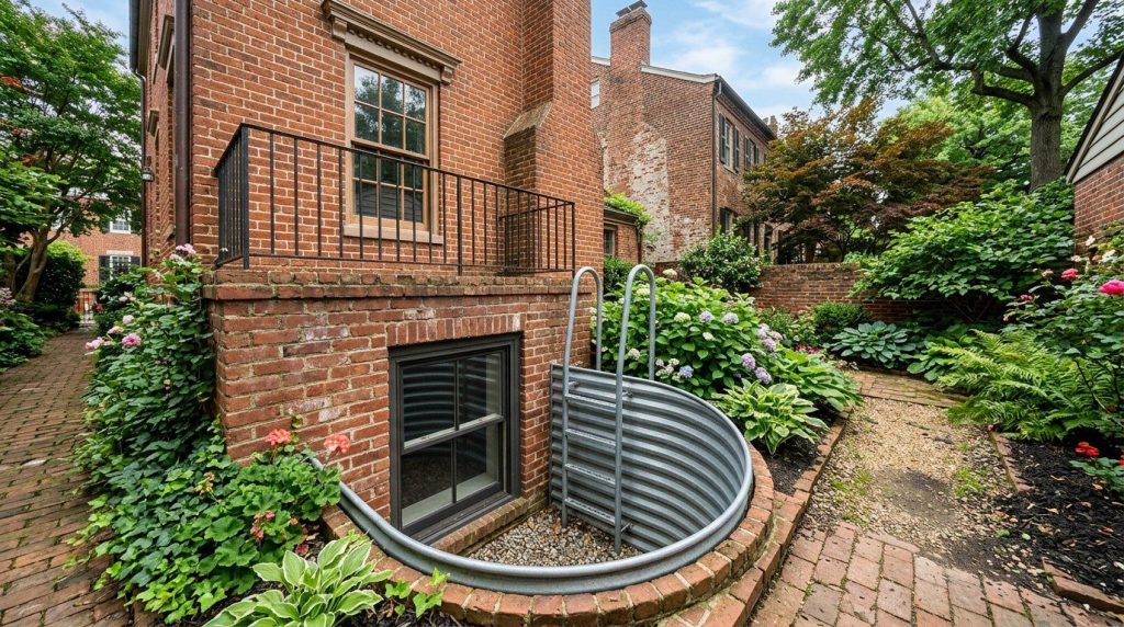 Egress window well beside a brick house