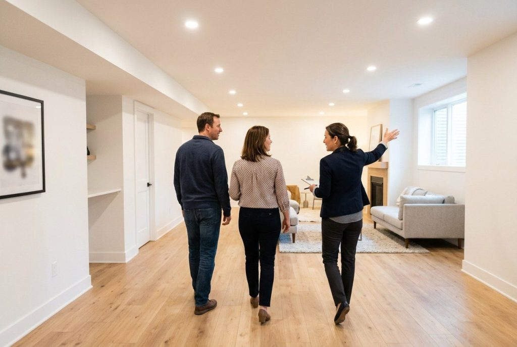 Homeowners walking through a finished basement with a designer