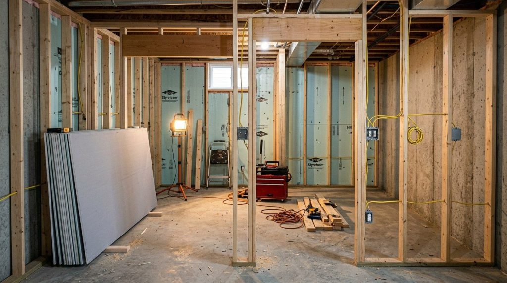 Basement framing with insulation and drywall sheets ready to install