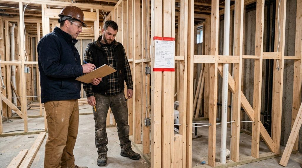 Inspector reviewing basement framing with a contractor