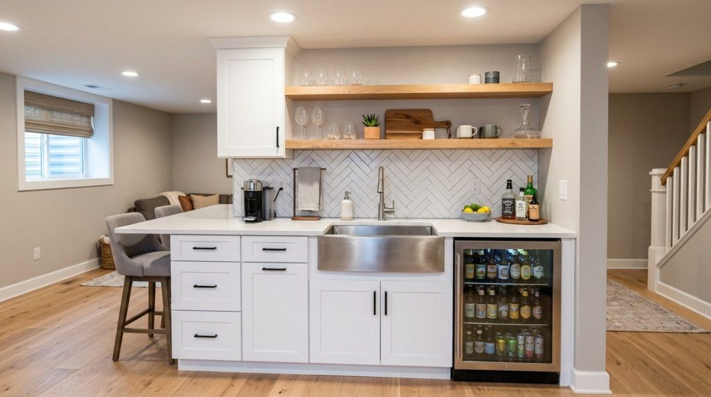 Basement kitchenette with open shelves, a sink and a beverage fridge