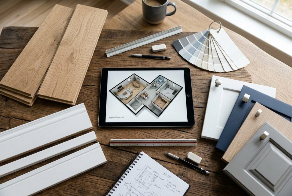 3D basement layout on a tablet with flooring and cabinet samples