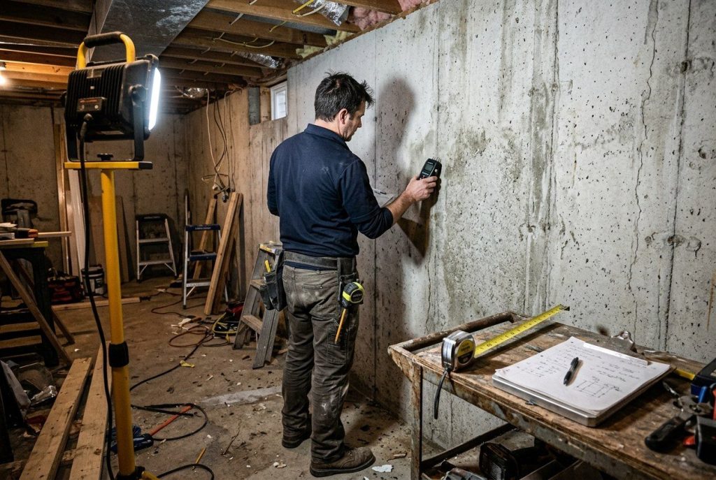 Contractor checking a basement foundation wall for moisture