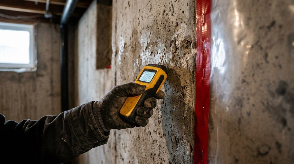 Moisture meter held against a basement foundation wall