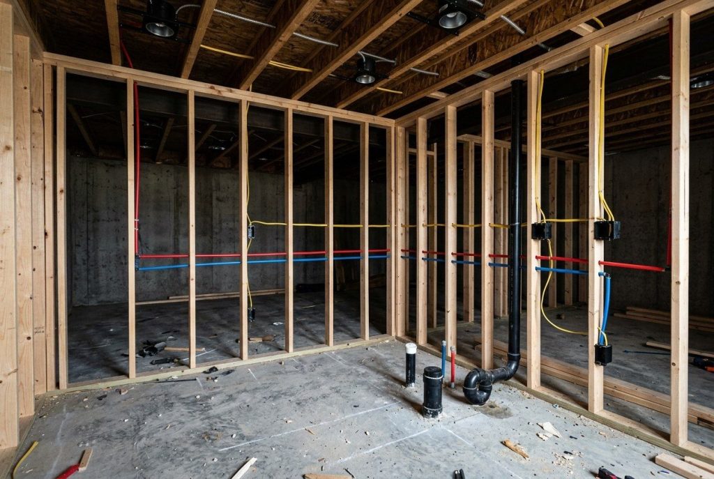 Basement framing with electrical and plumbing rough-ins