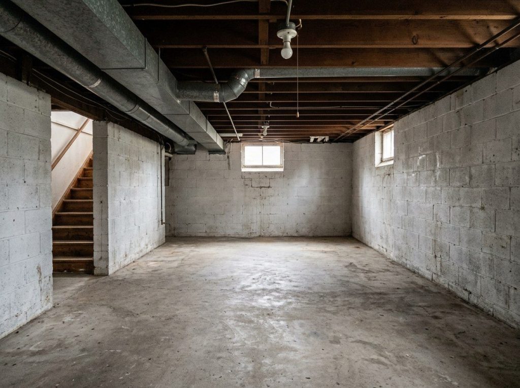 Unfinished basement with a concrete floor and block walls