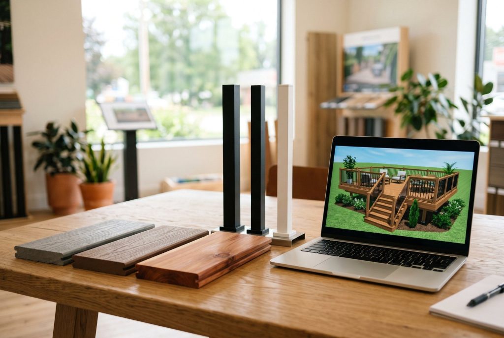 Decking samples and a 3D deck design on a laptop in a showroom