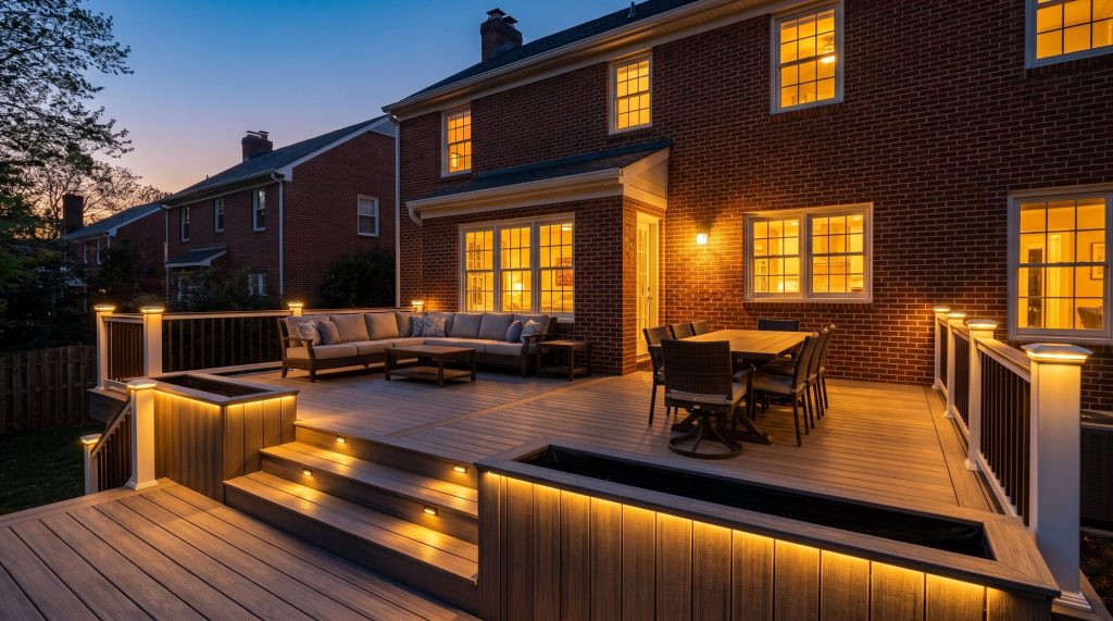 Lit deck with outdoor furniture behind a brick house at dusk