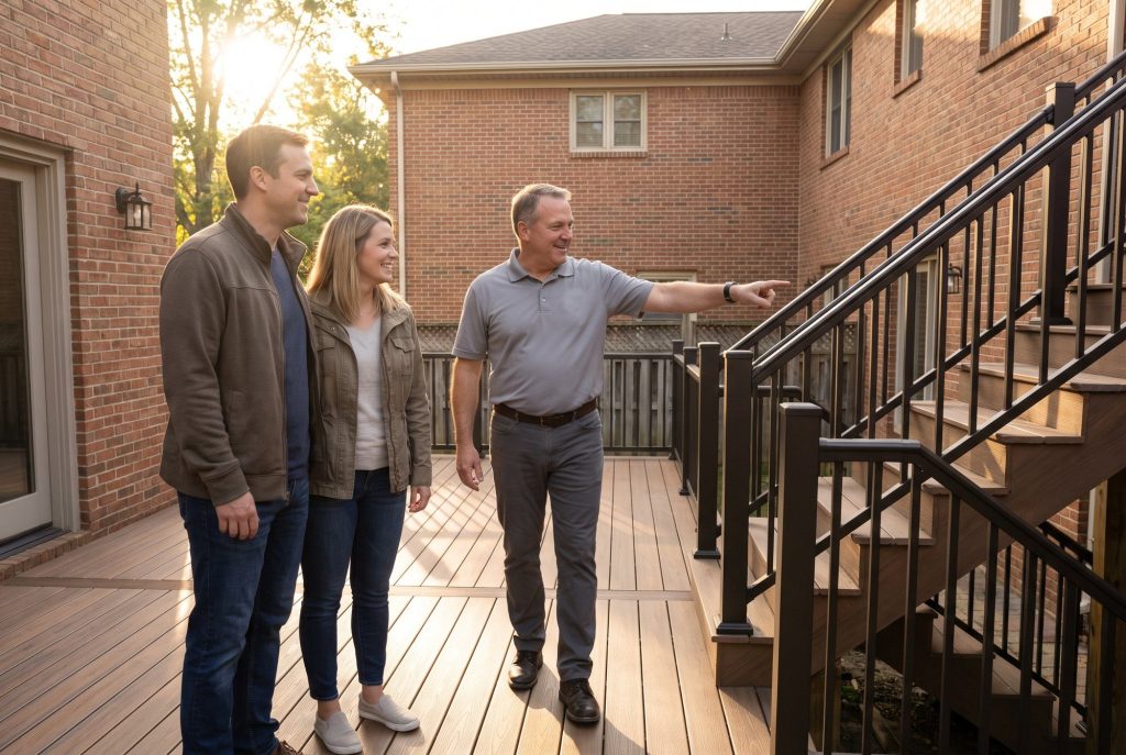Homeowners walking a finished deck with a builder