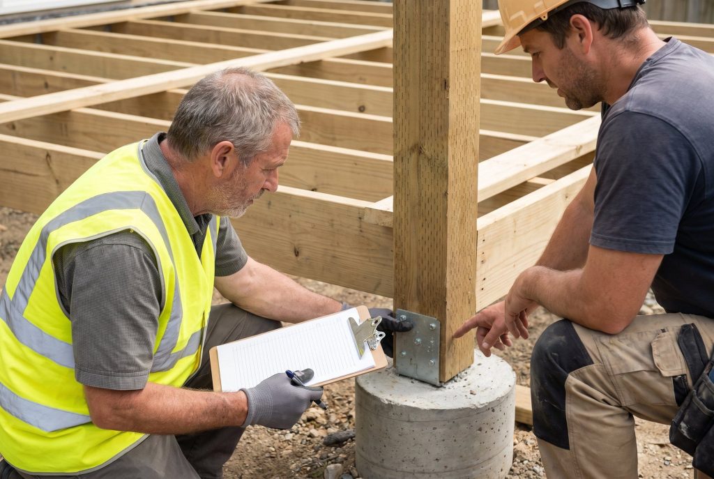 Inspector and builder checking a deck post on a concrete footing