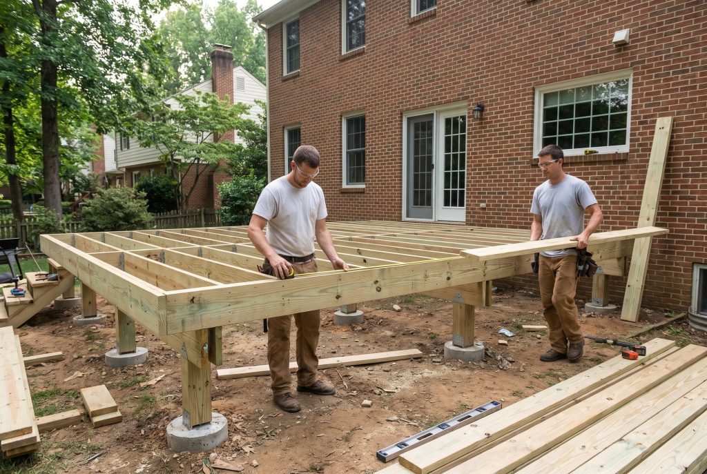 Crew framing a new deck on footings behind a brick house