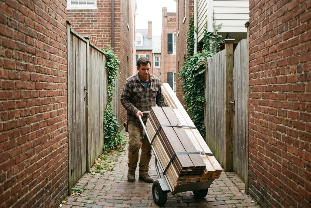 Worker moving deck boards on a hand truck through a narrow brick passage
