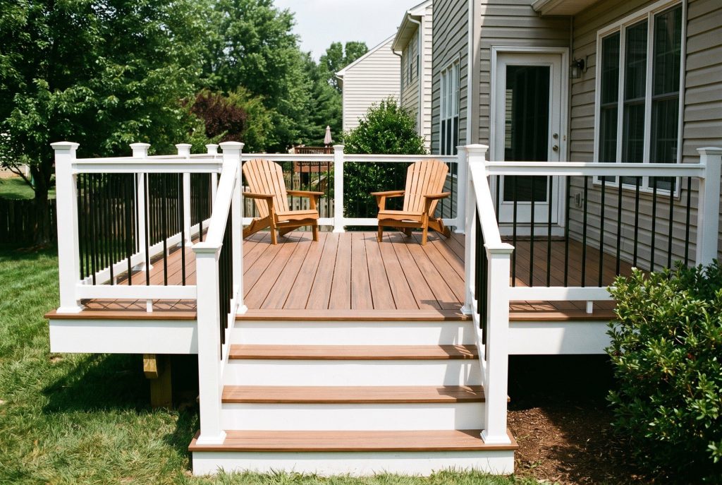 Renovated deck with white railings and wood-tone composite boards
