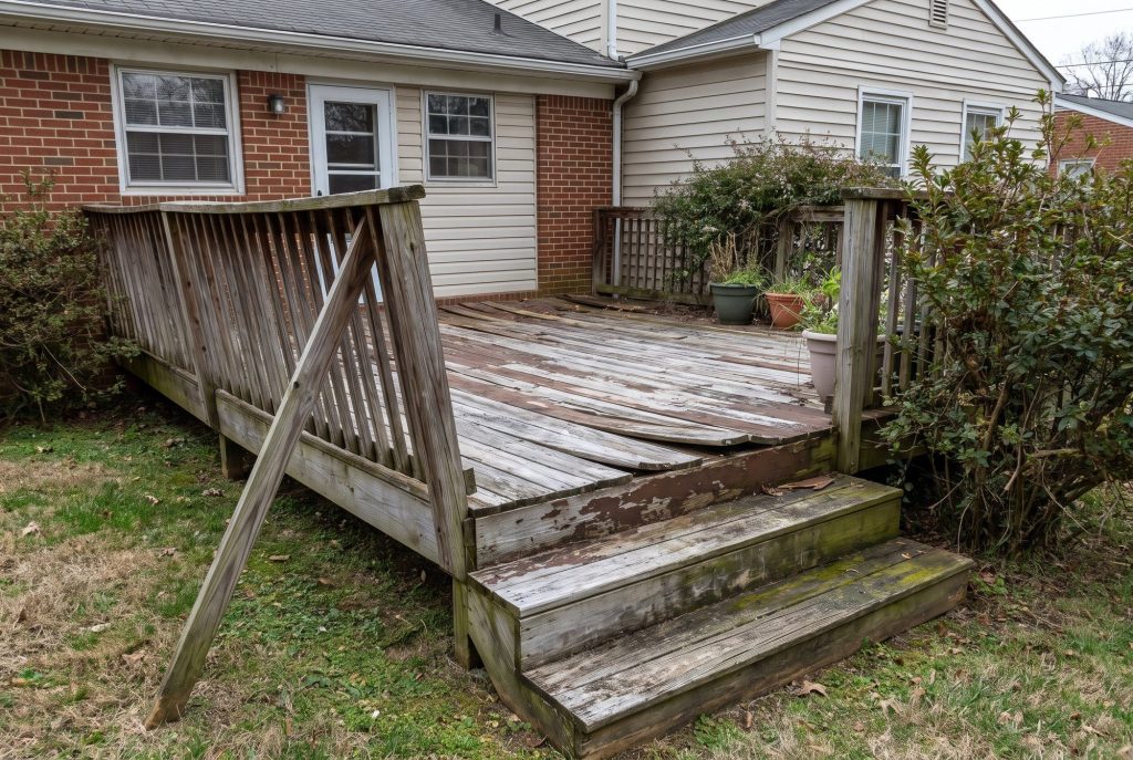 Weathered wood deck with worn boards and a leaning railing