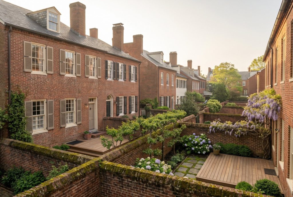 Brick rowhouses with small rear gardens and a deck